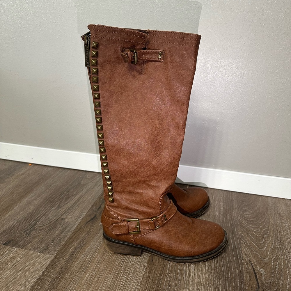 Breckelle Trooper Brown Studded Buckle Riding Knee High Boot - Picture 9 of 13